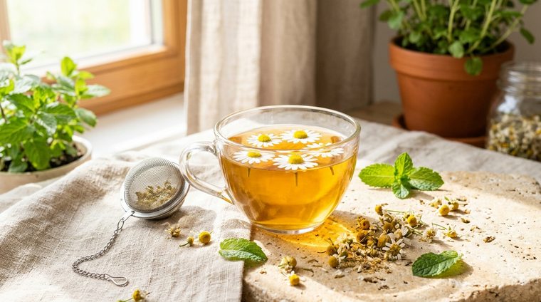 Herbal Teas steeping in glass cup