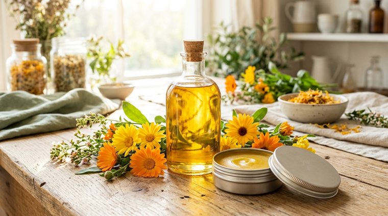 Herbal oils and calendula salves