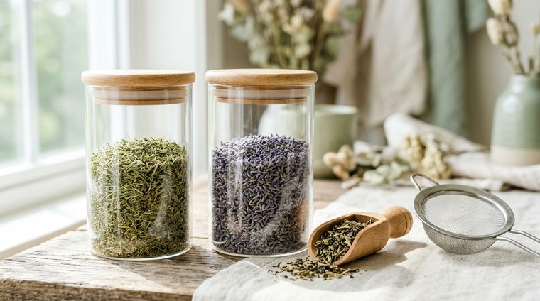 Glass herb jars, wooden scoop, and tea strainer